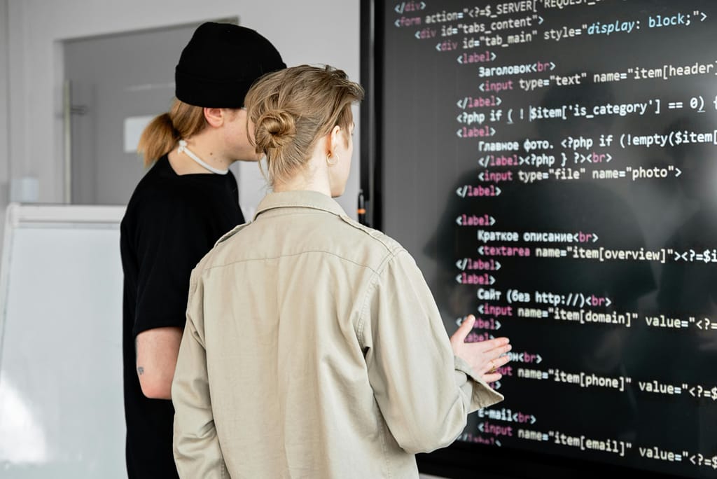 Two developer coding togther in front of a large screen